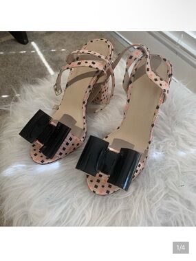 Women’s Pink Patterned Heeled Sandals with Black Bow